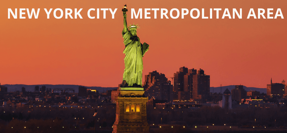 New York City metropolitan skyline at golden hour